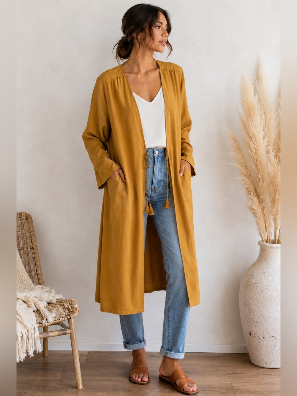 Japanese Mustard Kimono Duster Tassel Boho Minimalist Layering Jacket